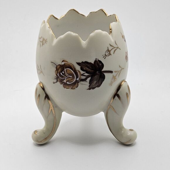 Vintage Porcelain Egg Vase on Legs Gold Trim Brown Rose Floral Pattern 4” Tall - Picture 3 of 5